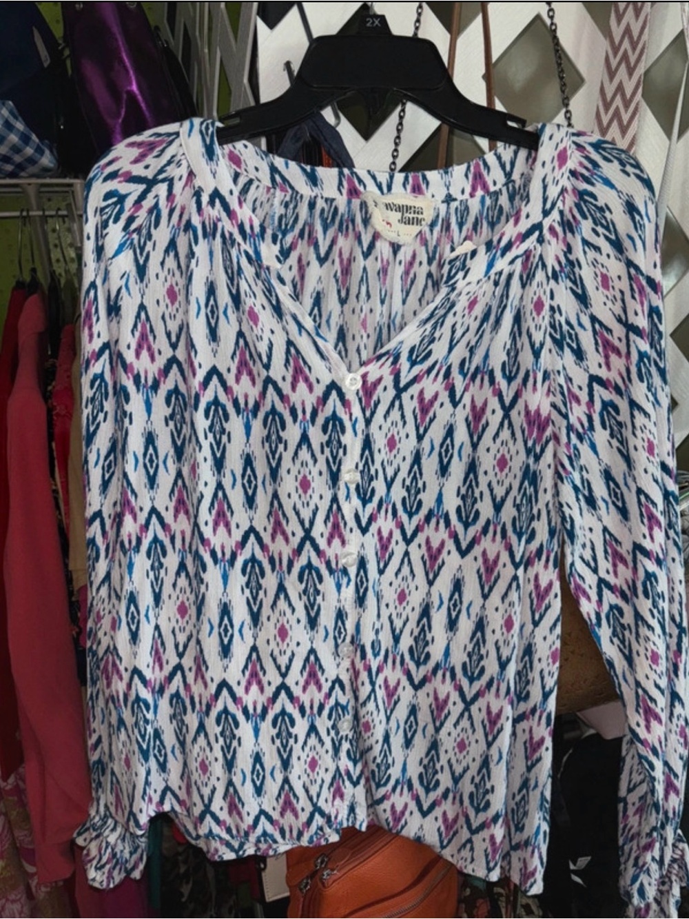 White Geometric Print Blouse with Blue & Pink Pattern